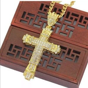 Gold rhinestone bling flashy cross necklace